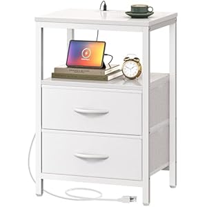 Huuger Nightstand with Charging Station, Side Table with Fabric Drawers, End Table with Open Shelf, Bedside Table with USB Ports and Outlets, Night Stand for Bedroom, White