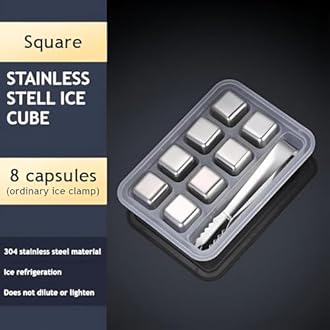 8-Pack Stainless Steel Whiskey Stones with Tongs & Container - Reusable Ice Cubes for Chilling Red Wine, Whiskey, Cocktails & More - Food-Grade Safe