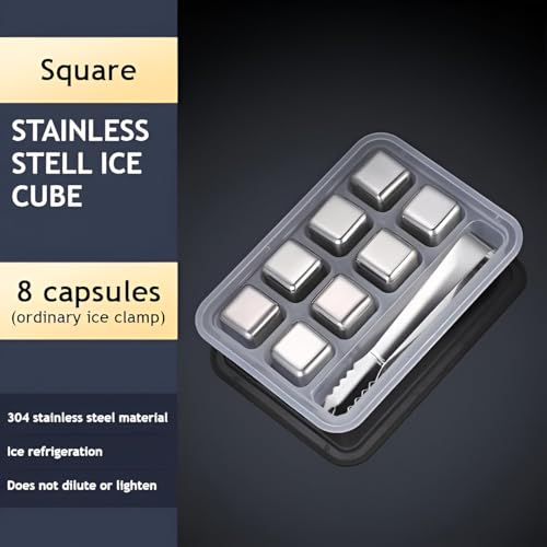 8-Pack Stainless Steel Whiskey Stones with Tongs & Container - Reusable Ice Cubes for Chilling Red Wine, Whiskey, Cocktails & More - Food-Grade Safe