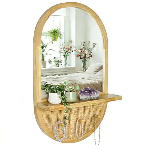 YXDXF Wood Wall Mirror with Hooks and Shelf 30x18 Inch Oval