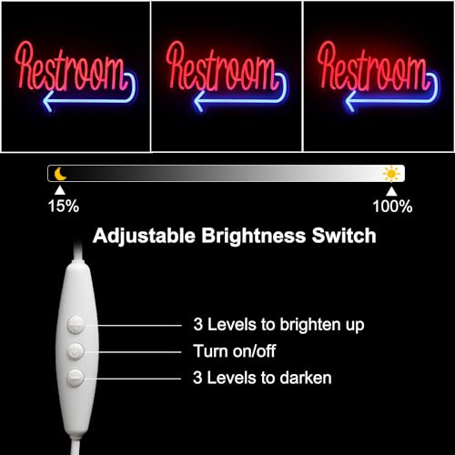 Image of Restroom with Arrow Neon Sign Toilet LED Lights for WC Bar Restaurant Decor | Dimmable Neon Bathroom Sign, Prominent Acrylic Directional Signs, Red Blue Washroom Neon Light, USB Powered, Easy to Hang