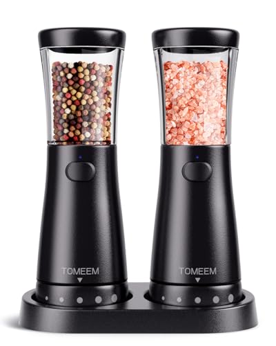 Electric Salt and Pepper Grinder Set with Storage Base, Stainless Steel Rechargeable Salt and Pepper Grinder Set with 4.5 oz Large Capacity, 1.8' Wide Mouth, Adjustable Coarseness, Ideal for Kitchen