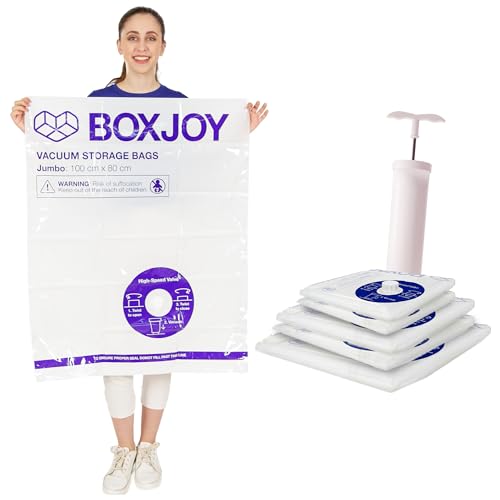 BOXJOY 1 JUMBO 2 LARGE 2 MEDIUM Transparent Vacuum Storage Bags for Travelling | Packing Winter Clothes Blanket Pillows Cloth | Space Saver Vaccine Compression Bag with Travel Vaccum Pump | Pack of 5