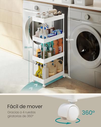 Miniatura 6 de Songmics Carro De Almacenamiento De 4 Niveles, Carrito Con Ruedas, Carro De Cocina, Ahorro De Espacio, Para Baño, Oficina, 23,6 X 42 X 86 Cm, Blanco Nube Ksc10wt