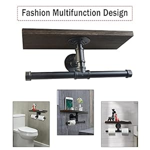 Toilet paper holder double roll rustic toilet paper roll holder with wooden shelf and industrial iron pipe pipe toilet paper holder for bathroom washroom  urban country home decor