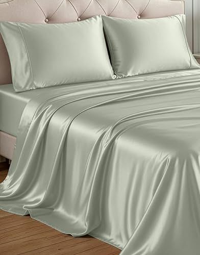 Casa Platino Twin Satin Sheet Set Cooling Satin Sheets Twin Size with 15 Inch Deep Pocket Fitted Sheet Soft Silk-Like Feel Helps Reduce Hair Frizz Lightweight & Breathable - Mineral