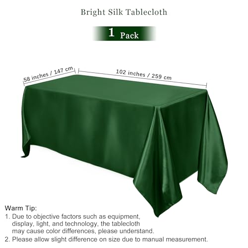 Image of TURSTIN 1 Packs Dark Green Satin Tablecloth 102 x 58 Inch Overlay Satin Table Cover Rectangle Bright Silk Tablecloth Smooth Fabric Table Decoration for Wedding Banquet Party Events