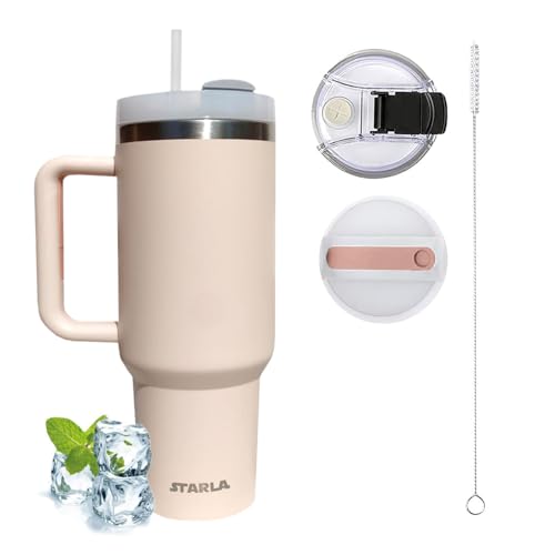 STARLA Thermobecher mit Strohhalm und Henkel 1,2l groß, 2 Deckel, auslaufsicher, Edelstahl Isolierbecher Kaffeebecher To...