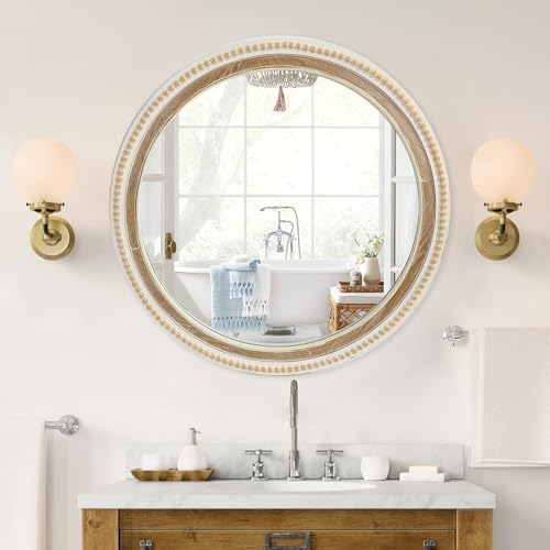 ABBSR 32 Inch Large Round Wood Wall Mirror for Wall Decor Farmhouse Rustic White Decorative Circle Distresse Mirrors with Wooden Frame for Bedroom Entryway Living Room Kithen Home Office