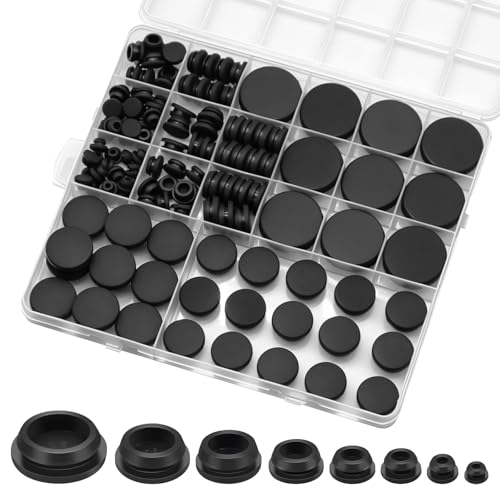 125PCS Black Rubber Plugs for Round Holes Box 1 3/4 5/8 1/2 3/8 5/16 1/4 1/5 Rubber Plugs in 8 Various Sizes Used for Furniture Car Panels DIY