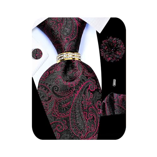 Image of 5PCS Tie and Pocket Square for Men, Silk Necktie and Handkerchief Cufflinks with Gold Ring and Lapel Pin Set