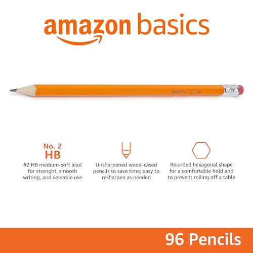 Image of Amazon Basics Woodcased 2 Pencils, Unsharpened, HB Lead - 1 Count (Pack of 96), Bulk Box, Yellow