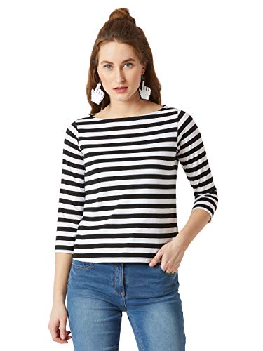 Image of Miss Chase Women Casual Boat Neck Cotton Striped Regular Fit Top