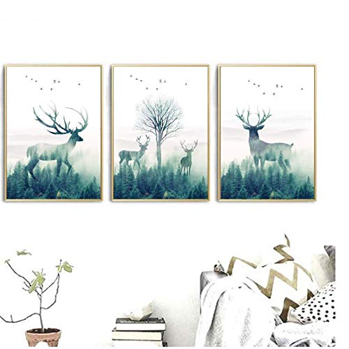 Toile paysage de forêt et cerf pour décoration murale salon moderne