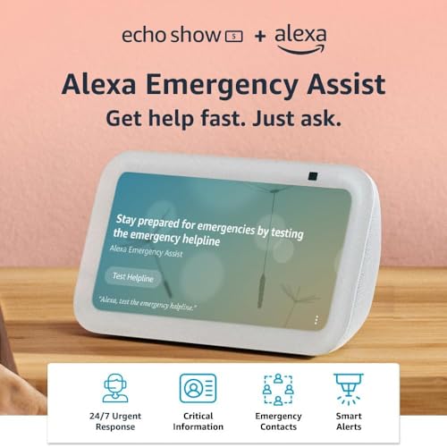 Image of Echo Show 5 (newest model), Glacier White, bundle with Alexa Emergency Assist (monthly auto-renewal subscription)