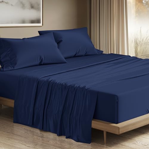 Image of THREAD SPREAD 100% Egyptian Cotton Queen Sheets Set - 1200 Series Plush Collection Luxury Egyptian Cotton Sheets Queen Size Deep Pocket (4 PC, Navy Blue), Soft, Cooling, Sateen Weave Sheet Set
