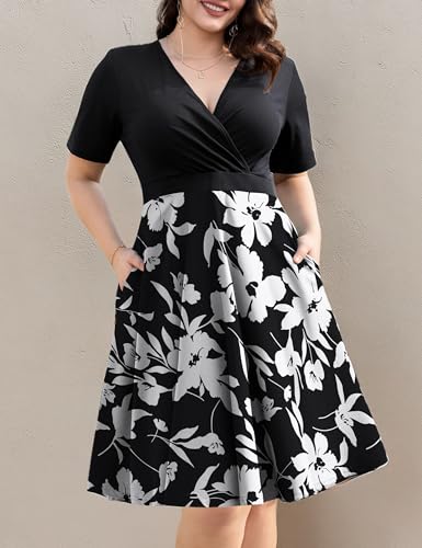 Image of Ahlaray Plus Size Faux Wrap Dress for Curvy Women with Pockets | Flattering faux wrap V-neck with soft stretch fabric and pockets for work, weddings and everyday comfort.