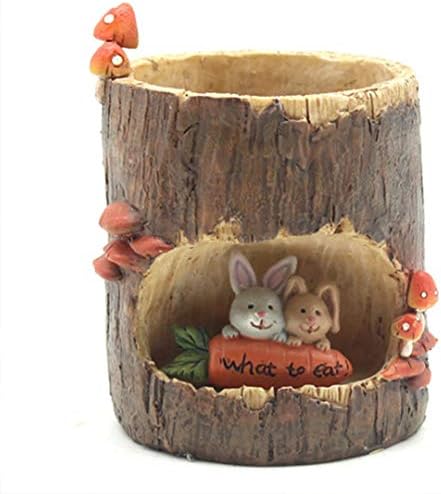 REBORNGOD Creative Tree Hole Story Cute Animal Flower Pot Mini Round Succulent Plant Drainage Resin Flower Pot Hedgehog Theme Home Interior Office Decoration Resin Craft Flower Pot (Rabbit)