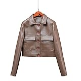 Frauen Lederjacke, Mode Vintage Klassische Schwarze Weiche Schlanke Kurze Taste Damen Leder Biker Moto Jacke, Bequeme Weiche Pu Ledermaterial, Retro Mantel Outwear Für Herbst Frühling, Kamel, M
