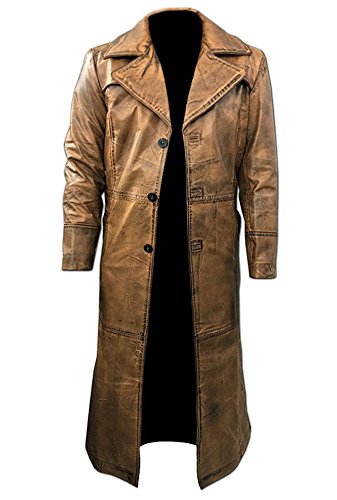 Original Leather, Long, Trench Coat, Knee Length, Brown Vintage Distress, Movie Style