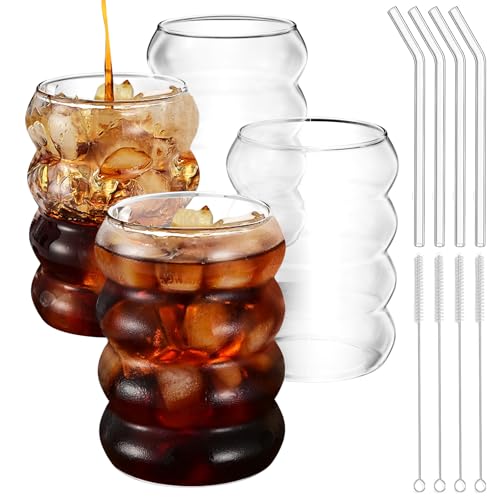 Maxentico 4 stück Latte Macchiato Gläser 350ml, Teegläser Glas Cappuccino, Kaffeegläser, Kaffeeglas, Eiskaffee Gläser, Kaffeebecher aus Borosilikatglas, mit Bürste und Strohhalm, Spiralförmig