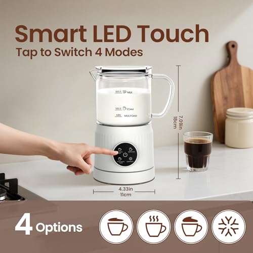 Image of 4-in-1 Electric Milk Frother and Steamer for Whole Milk, LED Touch Screen, Cold and Warm Foam Maker, Ceramic-Coated, 13.52oz for Lattes, Cappuccinos and Hot Chocolate, Auto Shut-Off, Cream White