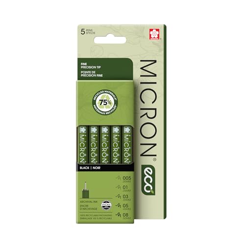 Sakura Pigma Micron Eco Fineliner - Fineliner Pen Set For Fine Detail Work, Sketching &Amp; Illustration - Archival Ink - Precision Tip - Professional Quality - Black - 5 Count