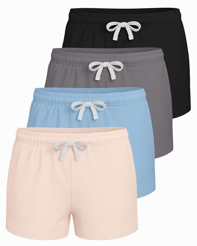 Image of Real Essentials 4 Pack: Girls French Terry Lounge Shorts - Ultra Soft Pull-On Gym, Camp, Sports & Everyday Shorts