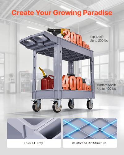 Image of VEVOR Utility Cart, 550 lbs Capacity, 2 Tier Service Cart with 360 Swivel & Fixed Wheels (2 with Brakes), Heavy Duty Plastic Rolling with Storage Tray, Tool Storage for Garage Warehouse Workshop