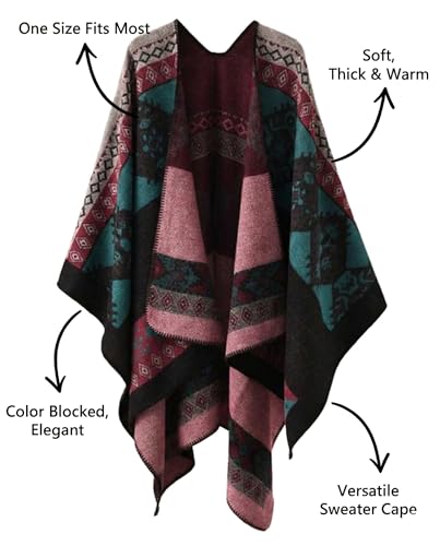 Image of Bestshe Women's Boho Open Front Poncho Plaid Shawl Wrap Cape | Tassel Cardigan Sweater, Cozy Layering, Fall Winter Clothes for Women