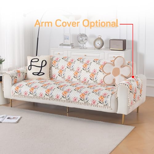 Image of HOKIPO Painterly Floral Quilted Sofa Cover 5 Seater with Tassels - (3+2) for Seat & Back | 'Tassel Twigs' Series (IN-991-T8 + IN-990-T8)