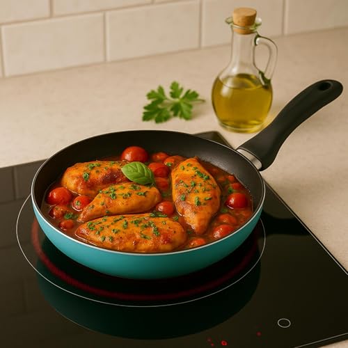 Poêles aluminium 16 20 24 cm bleu mat Well Home ustensiles cuisine bois acacia - 7