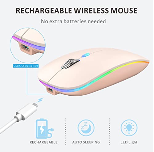 Image of Uiosmuph LED Wireless Mouse, G12 Slim Rechargeable Wireless Silent Mouse, 2.4G Portable USB Optical Wireless Computer Mice with USB Receiver and Type C Adapter (Nude Pink)