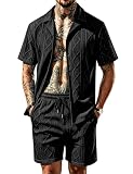 LecGee Men's 2 Piece Casual Tracksuit Outfits Diamond Knit Button Down Shirt Top and Drawstring Shorts Set(Black,Medium)
