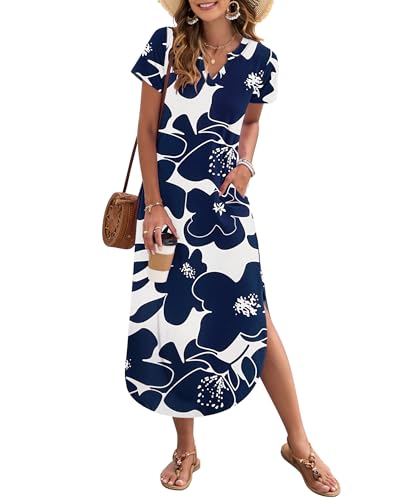 Image of MISFAY Women's Summer Maxi Dress 2026 Casual Short Sleeves V Neck Loose Sundress Split Long Beach T Shirt Dress