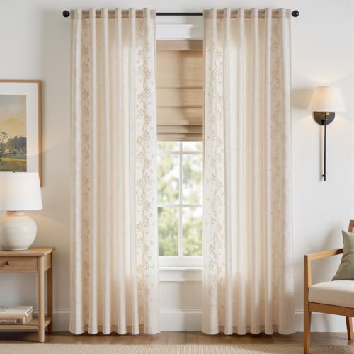Image of jinchan Floral Linen Curtains, Back Tab 50x84 Inch, 2 Panels Ivory