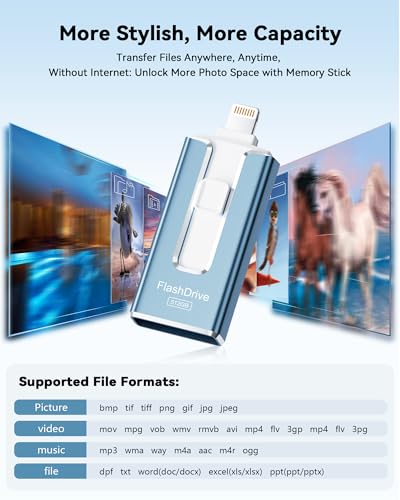 MFi Certified 512GB Flash Drive for iPhone, 3 in 1 Type-C USB Memory Stick Thumb Drive for Photos Videos, High Speed External Memory Storage Photo Stick for iPhone iPad Android PC (Sky Blue)