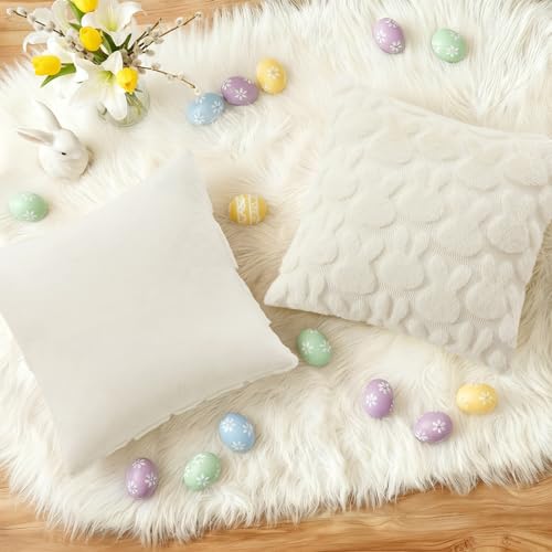 Image of decorUhome Easter Bunny Pillow Covers 16x16 Inch Set of 2, Soft Plush Faux Wool Jacquard Cream White Rabbit Cushion Covers, Farmhouse Neutral Spring Easter Holiday Decor for Couch Sofa Bed
