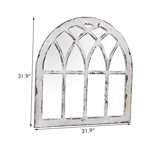 Rustic Wood Arched Window Mirror Wall Decor, Cathedral Window Wall Mirror, Shabby Chic Farmhouse Mirror For Living Room, Bedroom, Dining Room Entryway, Distressed White, 31-7/8"W X 31-7/8"H #TOP6