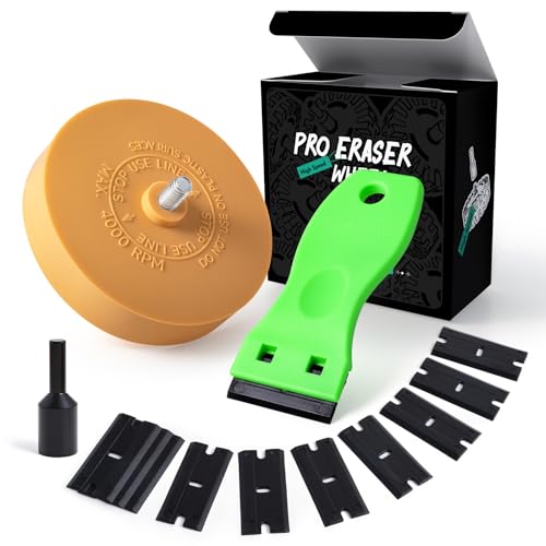 FOSHIO Eraser Wheel for Drill Decal Remover Wheel with Adapter Razor Blade Scraper with 10pcs Plastic Razor Blades Rubber Tool Kit for Remove Vinyl Decal Adhesive Residue Tape (Style 2)