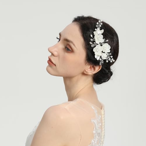 Pinza para cabello con perlas y pedrería White Flowers Rhinestone para adolescente estilo boda miniatura 2