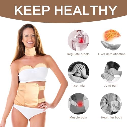 4 Pcs Castor Oil Pack Wrap Organic Cotton for Liver Detox, Stomach, Belly, Neck, Breast & Entire Body, Reusable Pads Kit for Hot/Cold Compress with Adjustable Elastic Strap, Waterproof & Anti Oil Leak