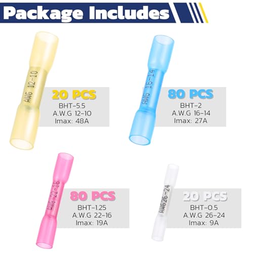 haisstronica 200PCS Marine Grade Heat Shrink Butt Connectors,26-10 Gauge Wire Connectors-Tinned Red Copper Waterproof -Butt Splice Connectors(4Colors/4Sizes)