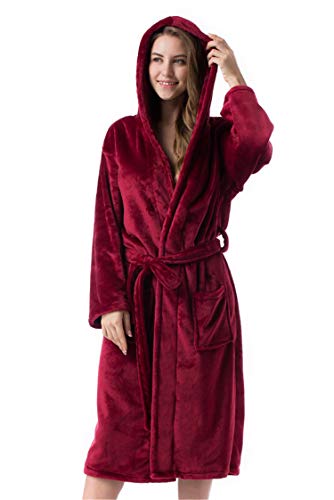 Andongnywell Women's Plush Fleece Robe Sherpa Kimono Robes for Womens Fluffy Spa Bathrobe Loungewear (Red Wine,Medium)