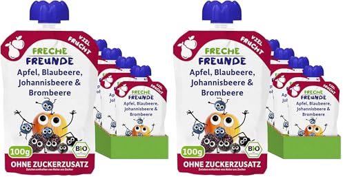 FRECHE FREUNDE Bio Quetschie Apfel, Blaubeere, Johannisbeere & Brombeere, Fruchtmus im Quetschbeutel für Babys ab dem 6. Monat, glutenfrei & vegan, 6-er Pack (6 x 100g) (Packung mit 2)