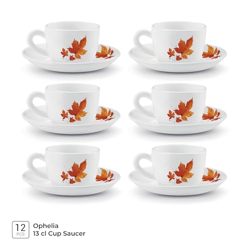 Image of Treo By Milton Opalware Ophelia 13 Mapelle Cup & Saucer Set | Microwave & Dishwasher Safe | Bone-Ash Free | Tempered Toughness | Set of 12 | White | Crockery Set for Daily Use & Gifting