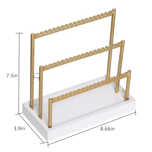 SANY DAYO HOME 3-Tier Earring Holder Organizer Stand, 105 Holes Gold Metal Earring Rack Jewelry Display Tree with White Wood Tray for Women and Girls by SANY DAYO HOME - Image 4