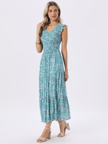 Image of Seta T Women's Summer Dresses Casual Ruffle Sleeveless V Neck Floral Sundress Flowy Smocked Beach Maxi Dress