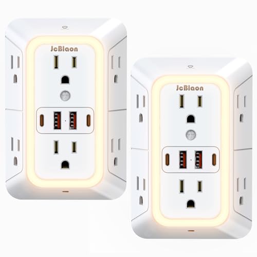 Outlet Extender with Night Light Multi Plug Outlet Surge Protector 6 Outlet Splitter with 4 USB Outlet (2 USB A 2 USB C) 3 Sided Multi Plug Wall Adapter Power Strip for Home Travel Office 2 Pack