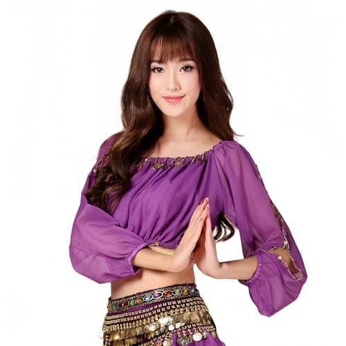 SamHeng Mujeres Top de Danza Árabe Monedas Brillantes Mangas Largas Crop Top Danza Tribal con Encaje y Hombros al Aire Blusa para Vestuario de Baile Festivales Carnavales Espectáculos‌, Morado